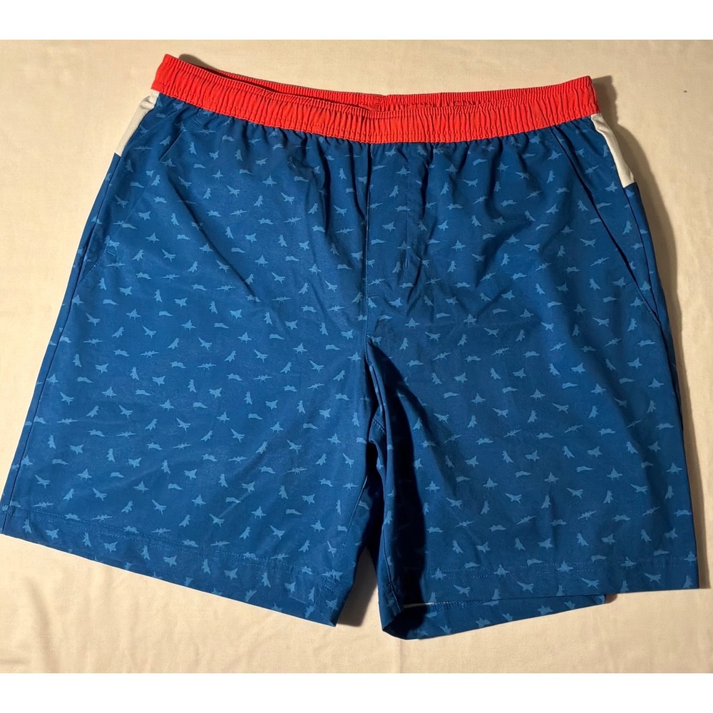 Chubbies Mens Large Blue Fighter Jet Print Performance Shorts Red Waistband 7in